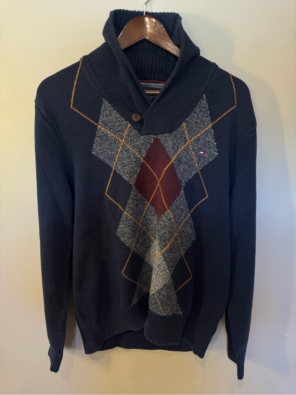 Tommy Hilfiger Argyle Shawl Collar Sweater Men's Large Navy - Picture 2 of 9